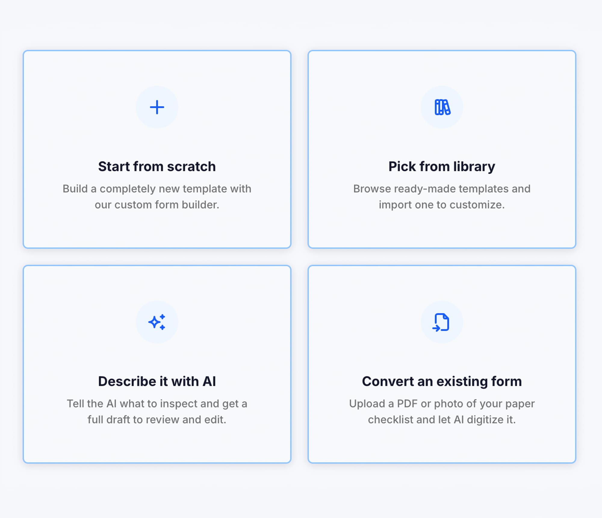 The checklist builder, with sections and questions arranged by dragging