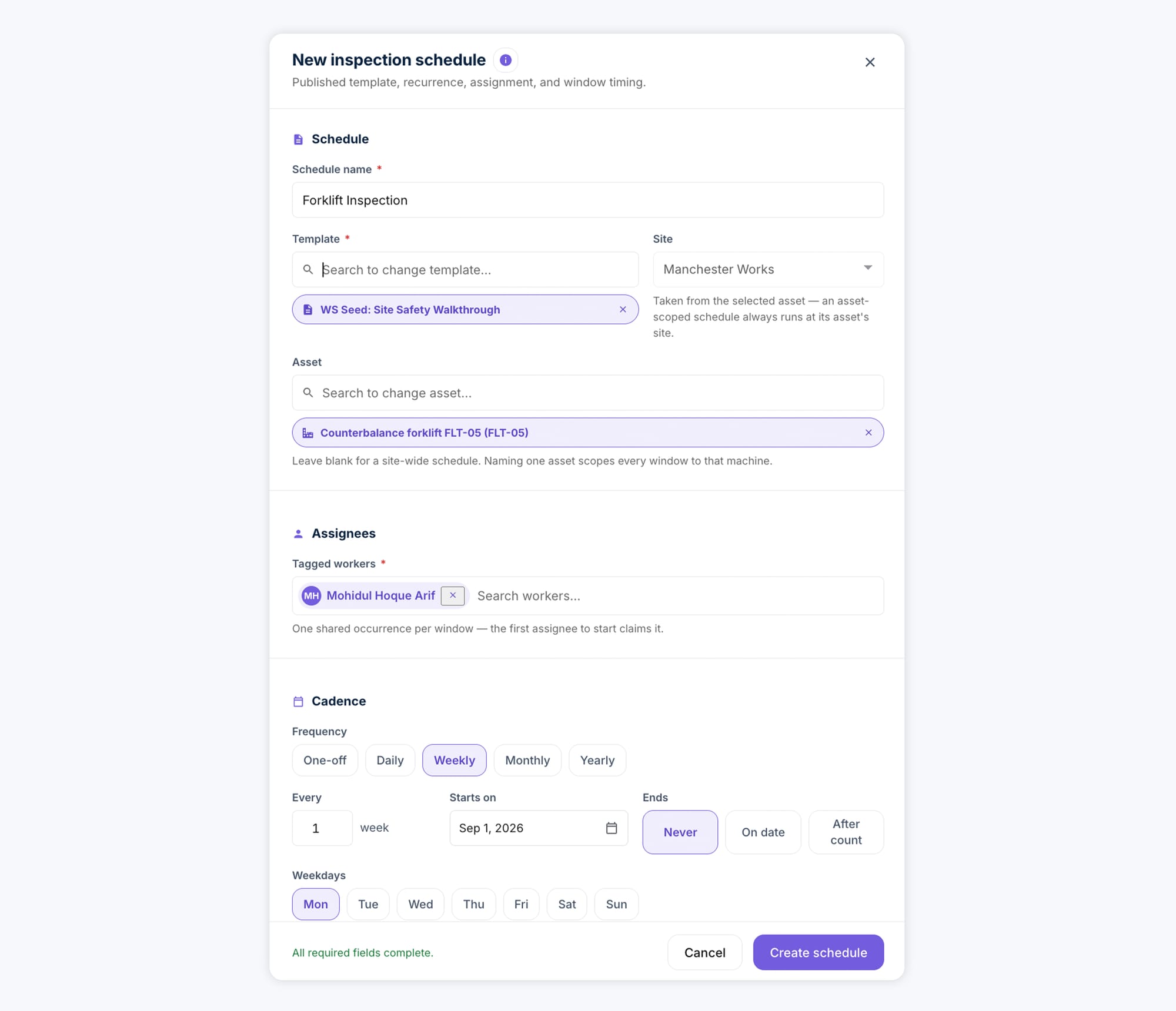 Inspection scheduling, with recurrence set per site