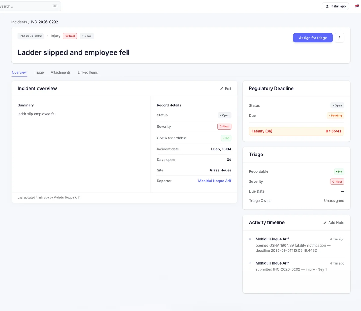 An incident record with its regulatory deadline counting down