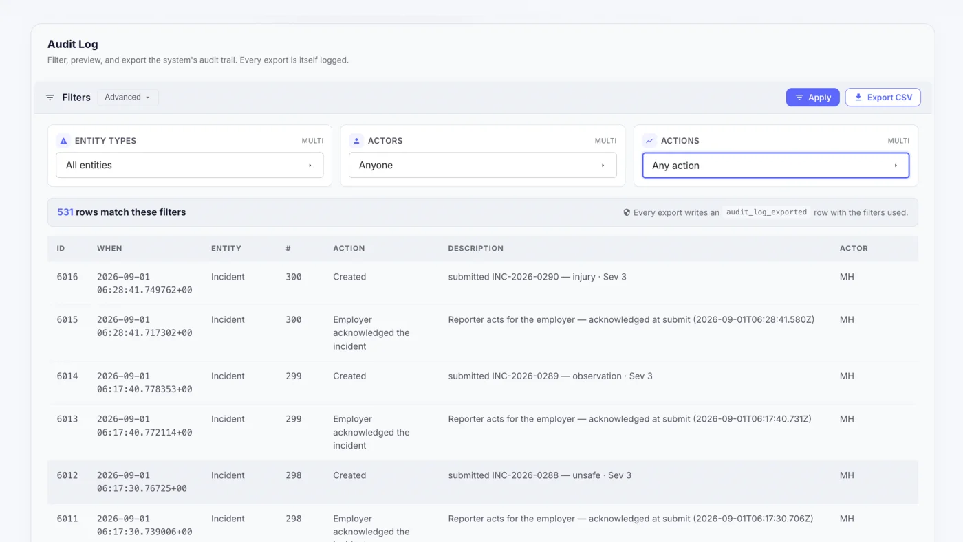 The audit log, filtered and ready to export