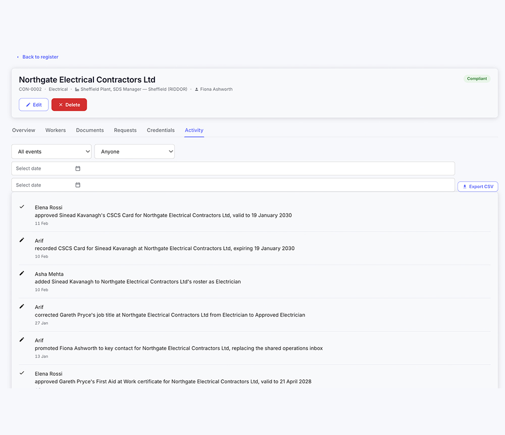 A contractor record's activity tab, showing who approved and recorded each credential