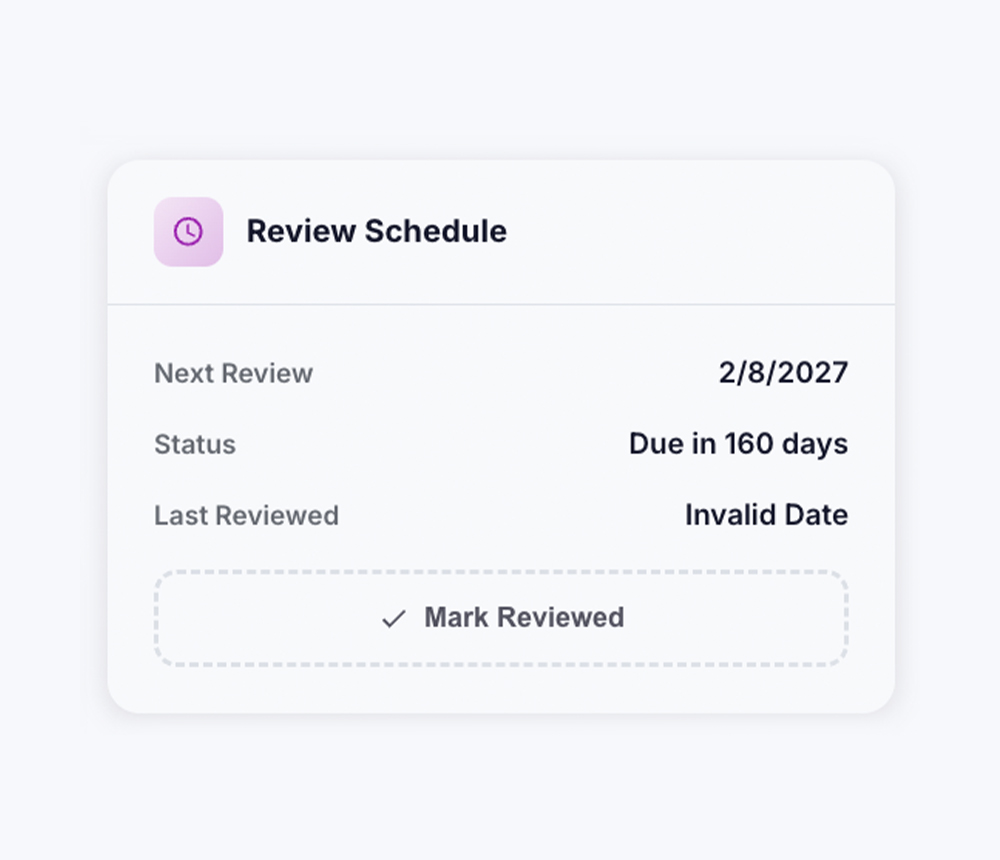 The risk review queue, with each entry's next review date